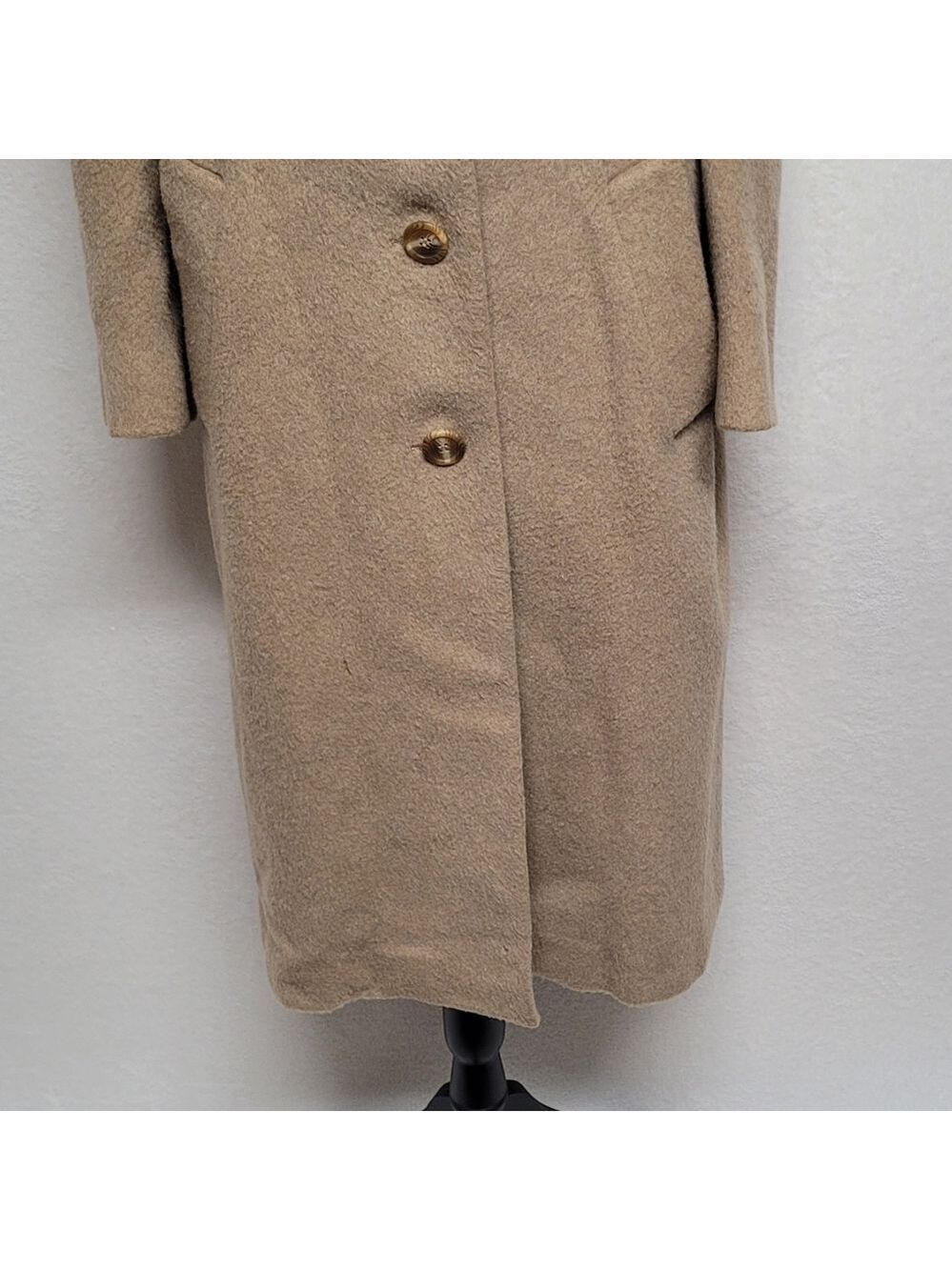 80s Vintage Jones New York Tan Pure Wool Notched Collar Longline Trench Coat XL - Picture 4 of 14